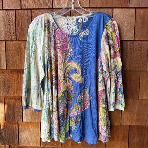 PASHMA Silk Paisley Print Three Quarter Sleeve A-Line Top in Women's X-Large